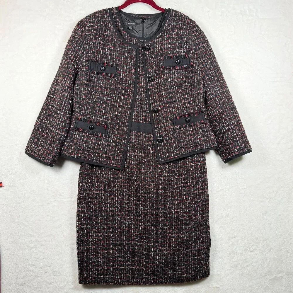 Talbots Wool Blend Tweed Dress Jacket Suit Set Black Red Women's 12 14 Career